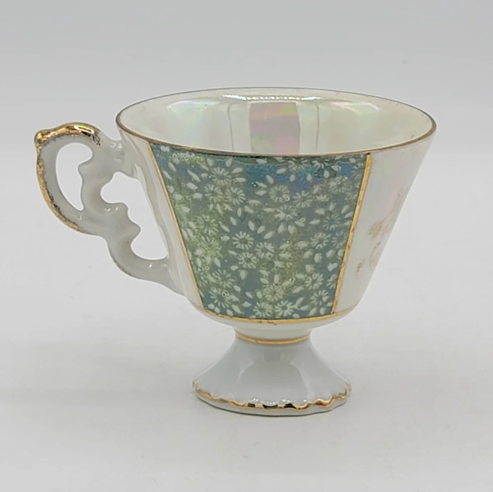 Japanese Lusterware Demitasse Cup Saucer Gold Trim Iridescent Floral Panels Vtg